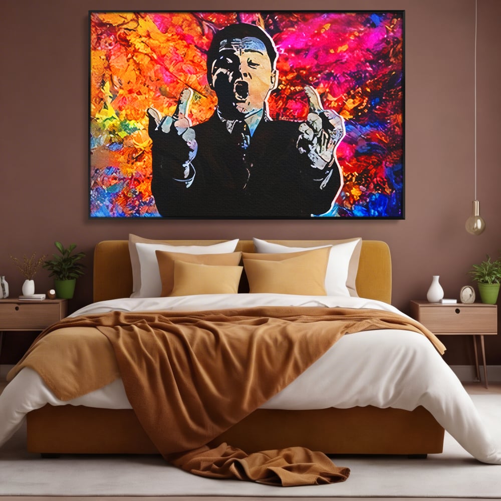 Tablou Canvas Premium LuxCanva® B1085, Middle Fingers the Wolf of Wall Street ,  Living, Leonardo DiCaprio, Film, Birou, Actor, Cinefil, Decor, Pop Art, Culori Vibrante