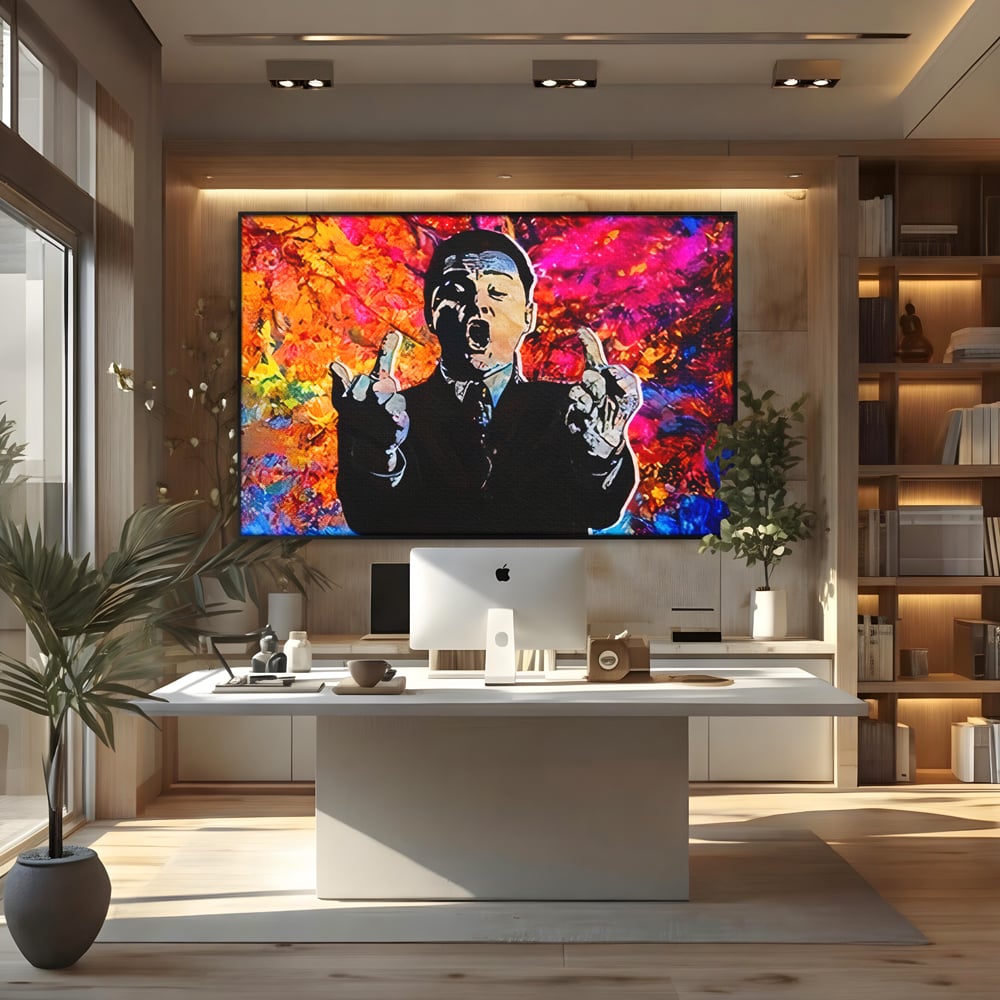 Tablou Canvas Premium LuxCanva® B1085, Middle Fingers the Wolf of Wall Street ,  Living, Leonardo DiCaprio, Film, Birou, Actor, Cinefil, Decor, Pop Art, Culori Vibrante