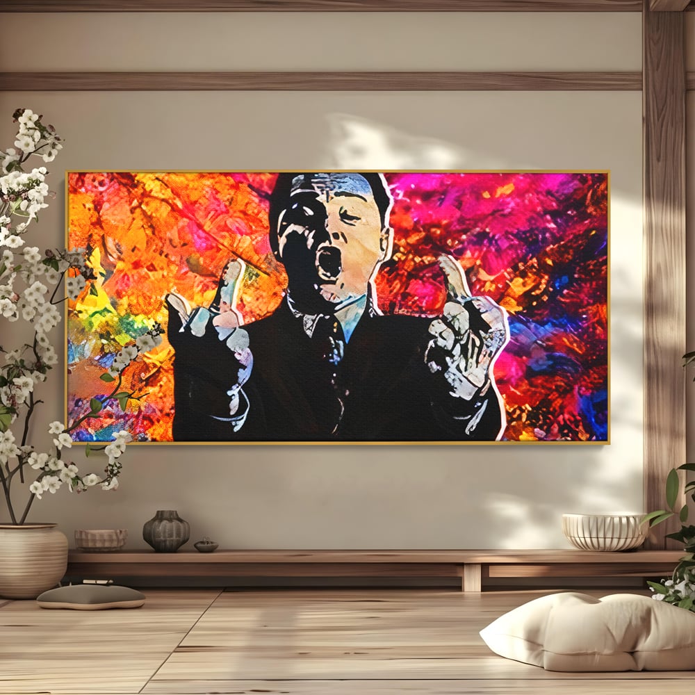 Tablou Canvas Premium LuxCanva® B1085, Middle Fingers the Wolf of Wall Street ,  Living, Leonardo DiCaprio, Film, Birou, Actor, Cinefil, Decor, Pop Art, Culori Vibrante