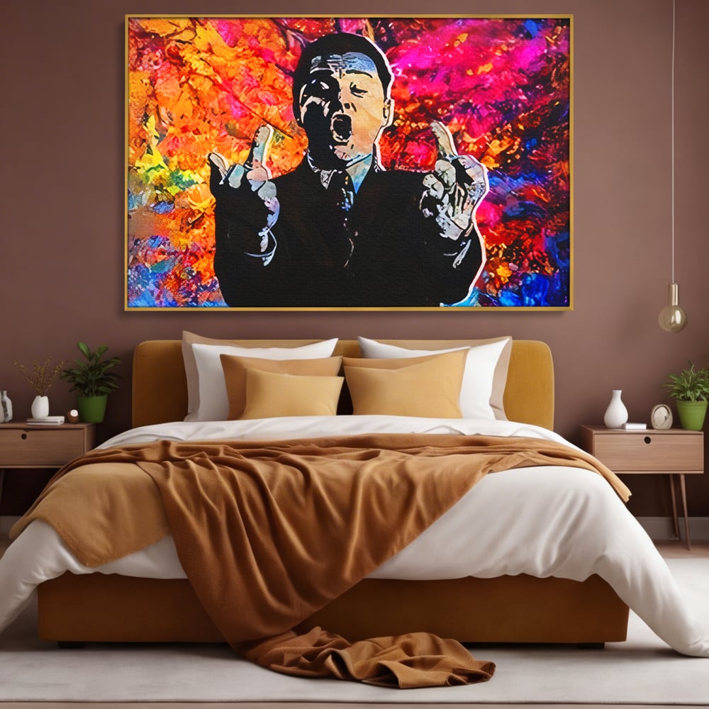 Tablou Canvas Premium LuxCanva® B1085, Middle Fingers the Wolf of Wall Street ,  Living, Leonardo DiCaprio, Film, Birou, Actor, Cinefil, Decor, Pop Art, Culori Vibrante