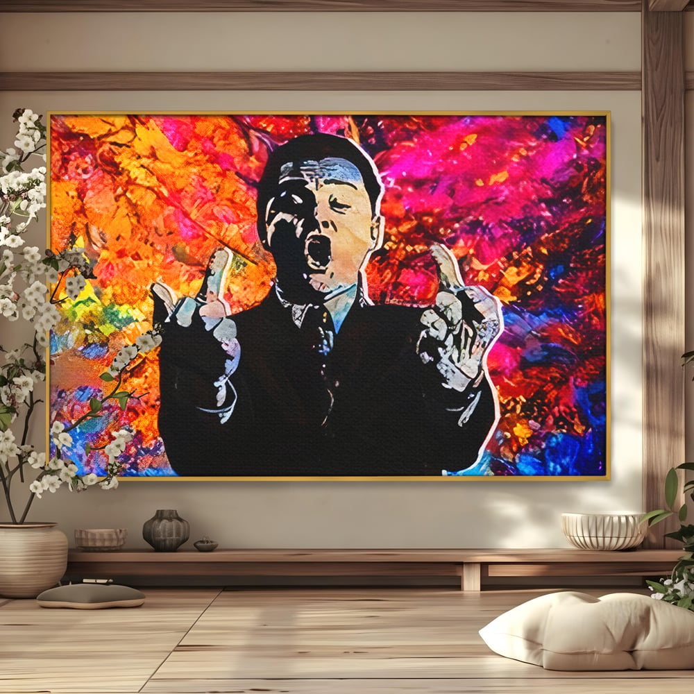 Tablou Canvas Premium LuxCanva® B1085, Middle Fingers the Wolf of Wall Street ,  Living, Leonardo DiCaprio, Film, Birou, Actor, Cinefil, Decor, Pop Art, Culori Vibrante