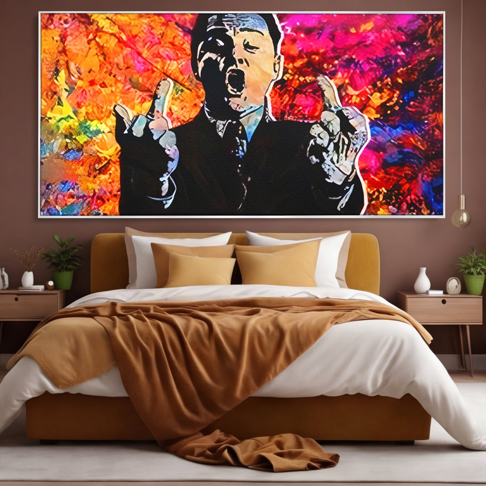 Tablou Canvas Premium LuxCanva® B1085, Middle Fingers the Wolf of Wall Street ,  Living, Leonardo DiCaprio, Film, Birou, Actor, Cinefil, Decor, Pop Art, Culori Vibrante