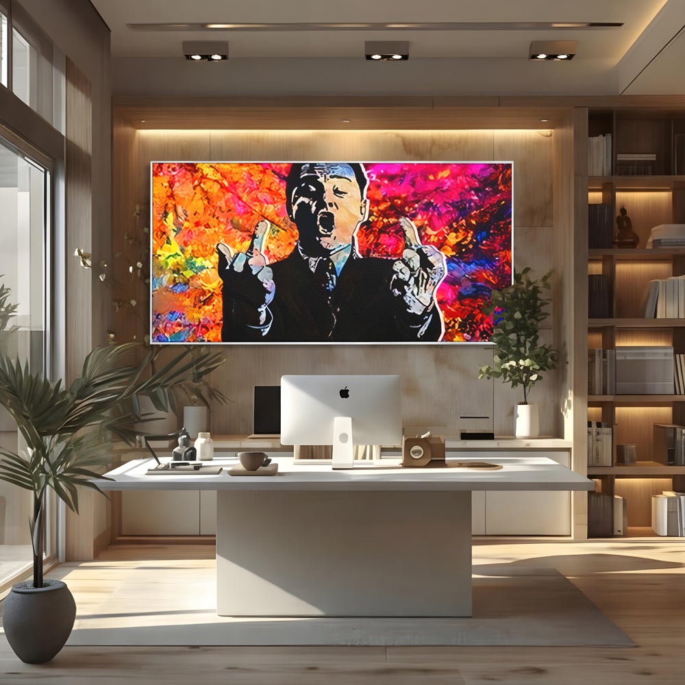 Tablou Canvas Premium LuxCanva® B1085, Middle Fingers the Wolf of Wall Street ,  Living, Leonardo DiCaprio, Film, Birou, Actor, Cinefil, Decor, Pop Art, Culori Vibrante