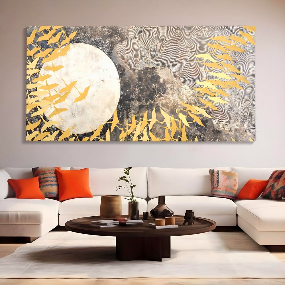 Tablou Canvas Premium LuxCanva® B1087, Marea migratie , Living, Pasari, Auriu, Corp Ceresc, Calatorie, Dormitor, Auriu