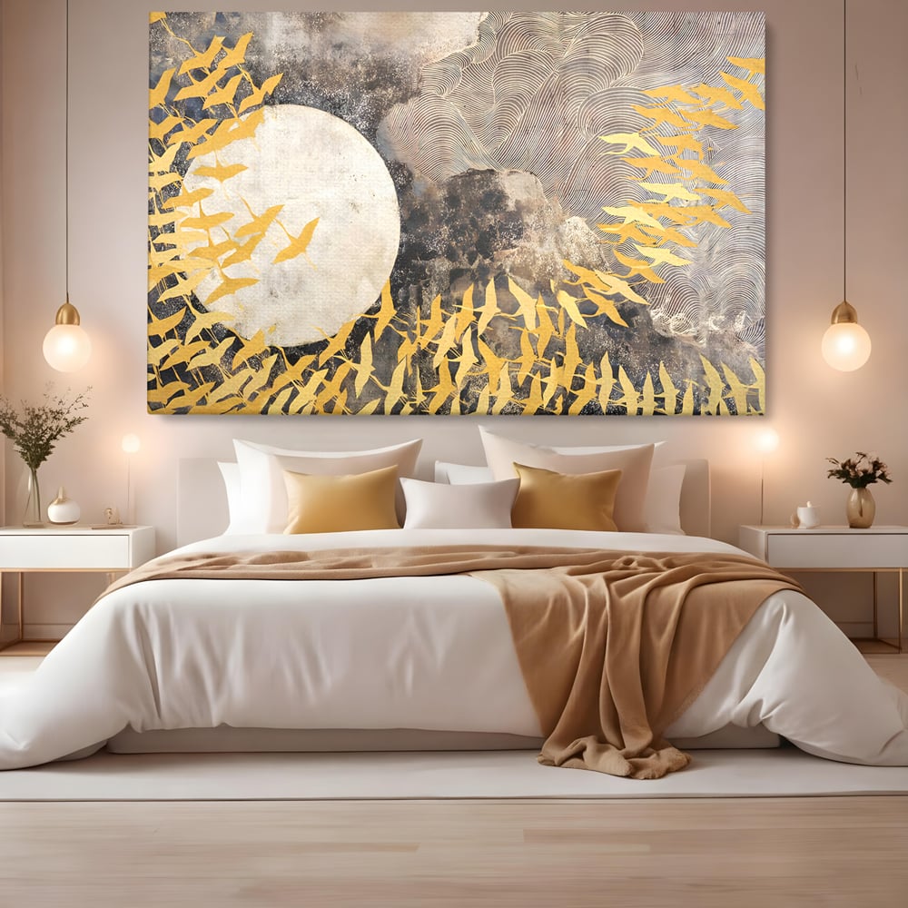 Tablou Canvas Premium LuxCanva® B1087, Marea migratie , Living, Pasari, Auriu, Corp Ceresc, Calatorie, Dormitor, Auriu