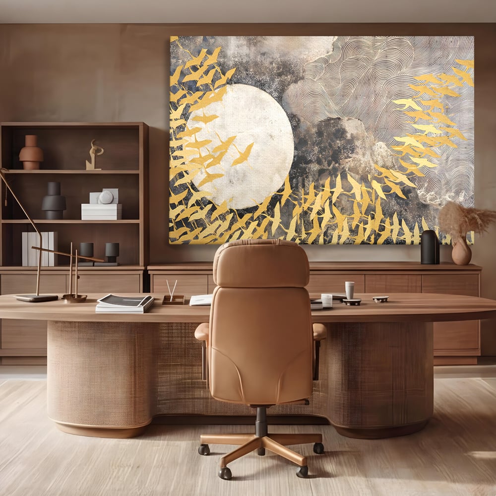 Tablou Canvas Premium LuxCanva® B1087, Marea migratie , Living, Pasari, Auriu, Corp Ceresc, Calatorie, Dormitor, Auriu
