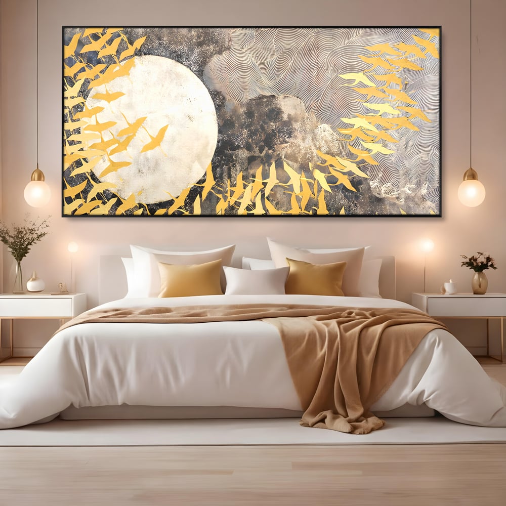 Tablou Canvas Premium LuxCanva® B1087, Marea migratie , Living, Pasari, Auriu, Corp Ceresc, Calatorie, Dormitor, Auriu