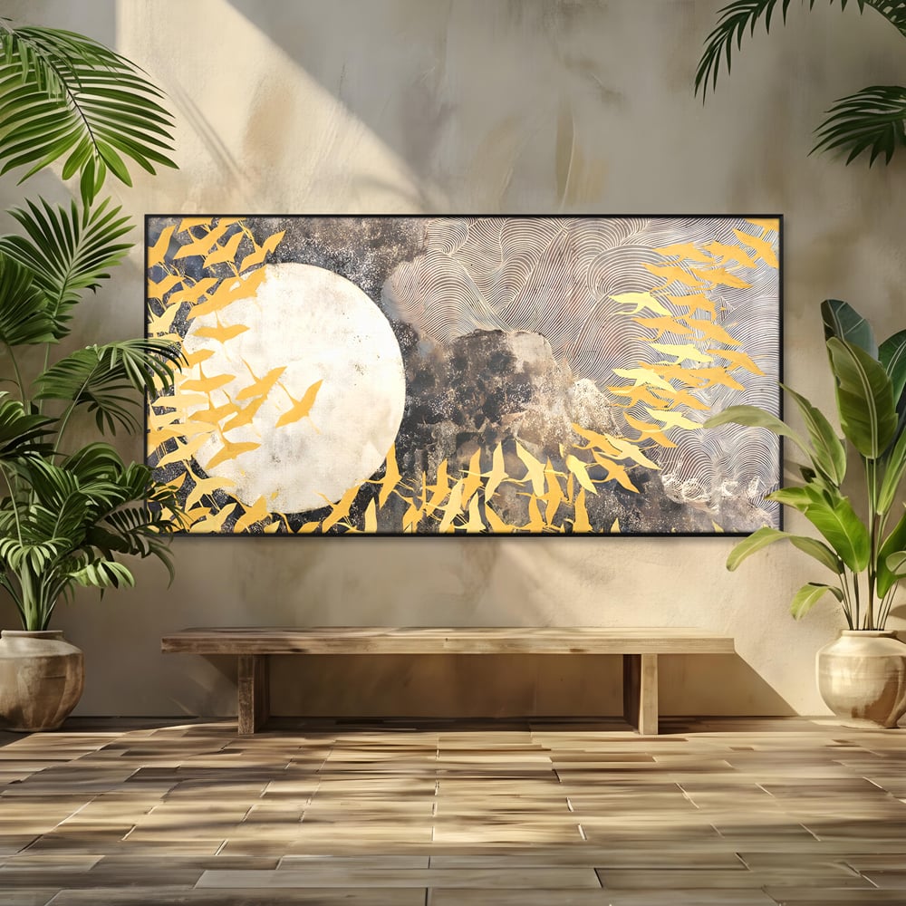 Tablou Canvas Premium LuxCanva® B1087, Marea migratie , Living, Pasari, Auriu, Corp Ceresc, Calatorie, Dormitor, Auriu