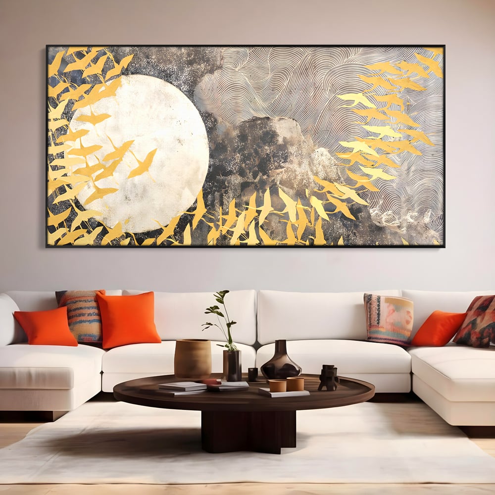 Tablou Canvas Premium LuxCanva® B1087, Marea migratie , Living, Pasari, Auriu, Corp Ceresc, Calatorie, Dormitor, Auriu