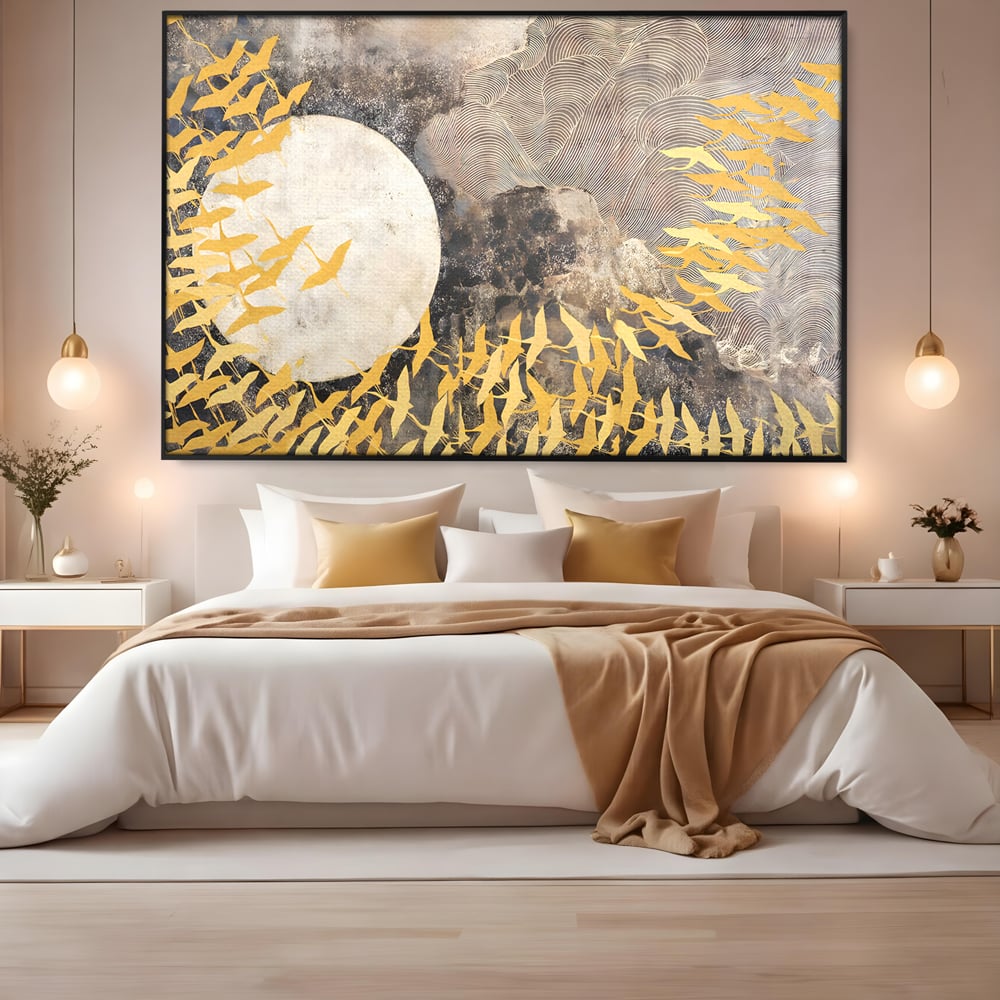 Tablou Canvas Premium LuxCanva® B1087, Marea migratie , Living, Pasari, Auriu, Corp Ceresc, Calatorie, Dormitor, Auriu