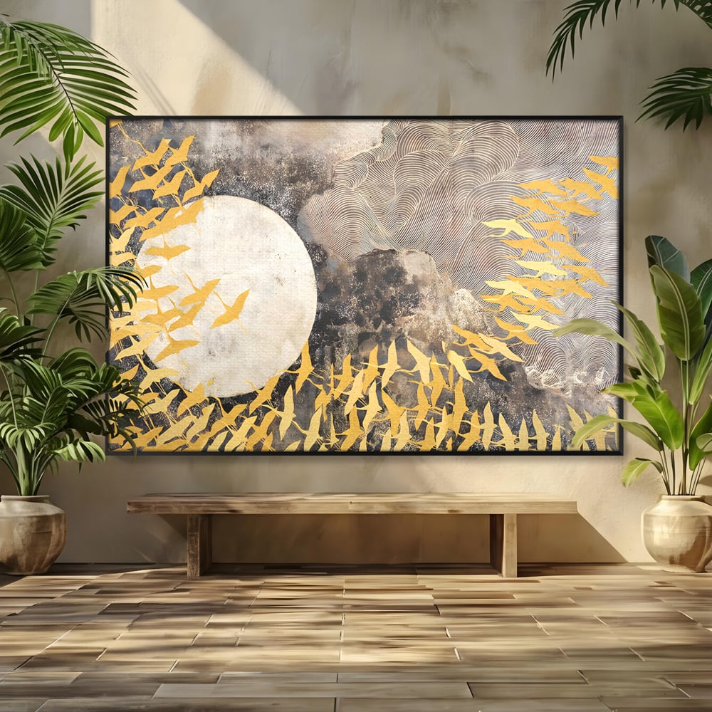 Tablou Canvas Premium LuxCanva® B1087, Marea migratie , Living, Pasari, Auriu, Corp Ceresc, Calatorie, Dormitor, Auriu