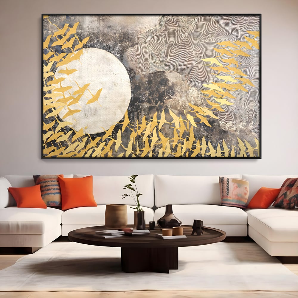Tablou Canvas Premium LuxCanva® B1087, Marea migratie , Living, Pasari, Auriu, Corp Ceresc, Calatorie, Dormitor, Auriu
