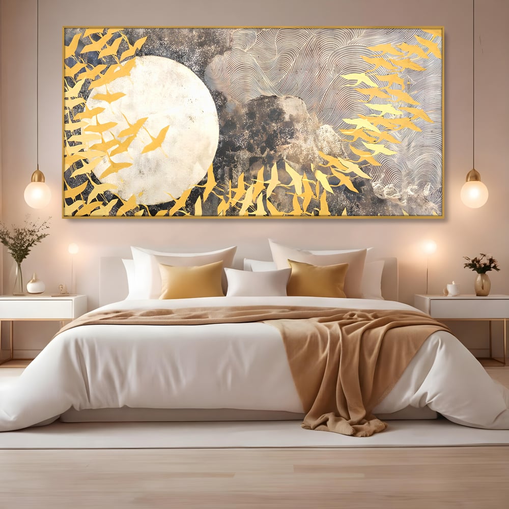 Tablou Canvas Premium LuxCanva® B1087, Marea migratie , Living, Pasari, Auriu, Corp Ceresc, Calatorie, Dormitor, Auriu
