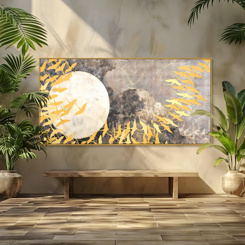 Tablou Canvas Premium LuxCanva® B1087, Marea migratie , Living, Pasari, Auriu, Corp Ceresc, Calatorie, Dormitor, Auriu