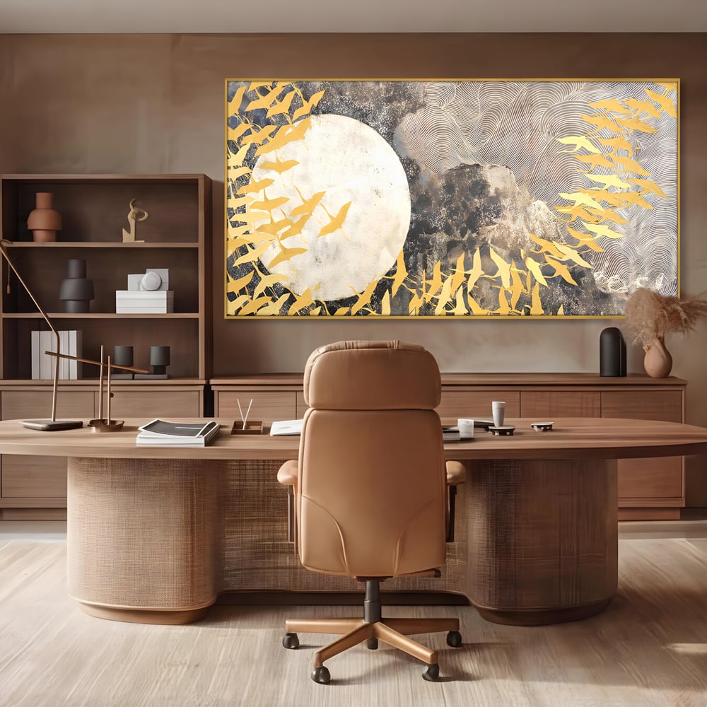 Tablou Canvas Premium LuxCanva® B1087, Marea migratie , Living, Pasari, Auriu, Corp Ceresc, Calatorie, Dormitor, Auriu