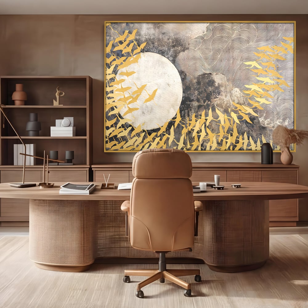 Tablou Canvas Premium LuxCanva® B1087, Marea migratie , Living, Pasari, Auriu, Corp Ceresc, Calatorie, Dormitor, Auriu