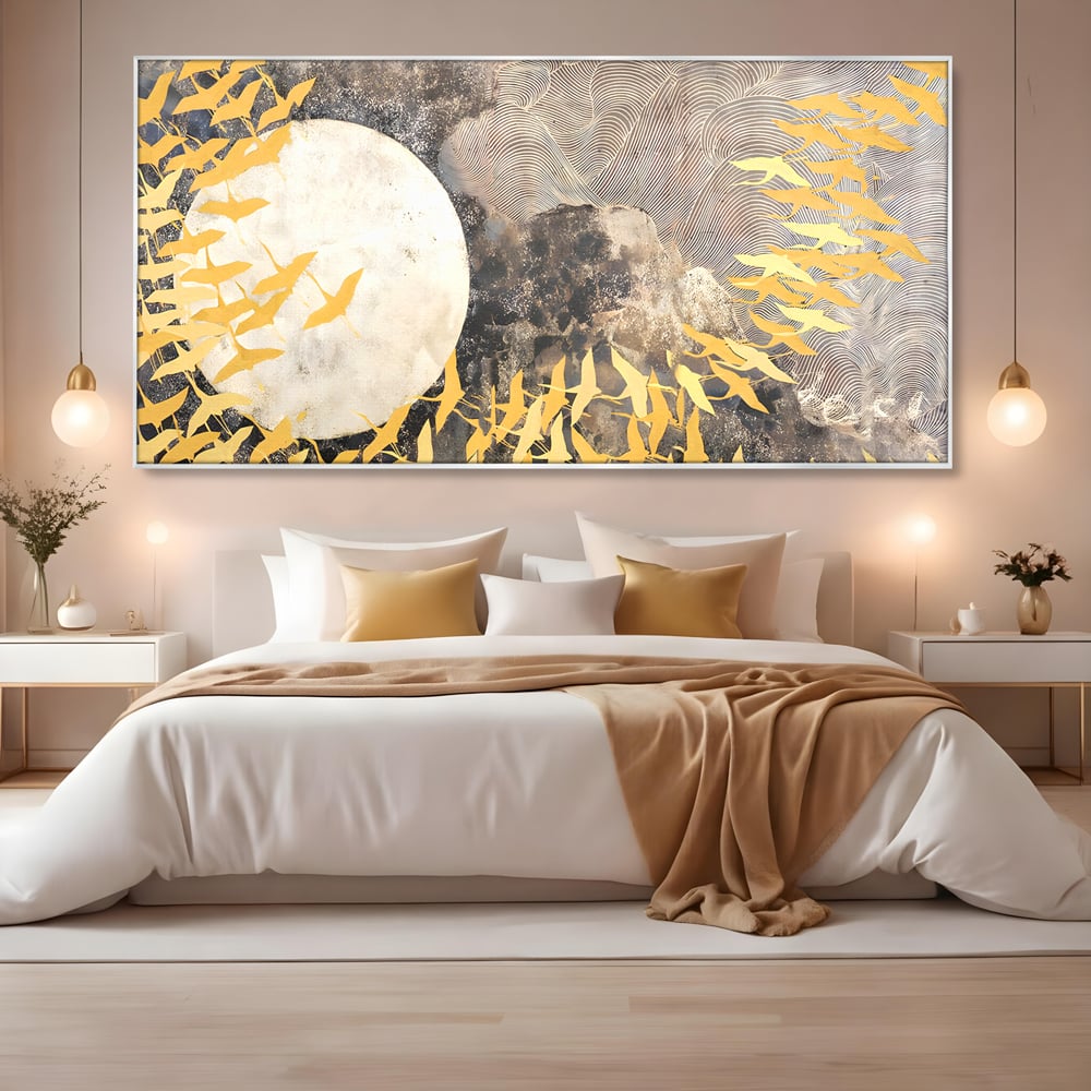 Tablou Canvas Premium LuxCanva® B1087, Marea migratie , Living, Pasari, Auriu, Corp Ceresc, Calatorie, Dormitor, Auriu