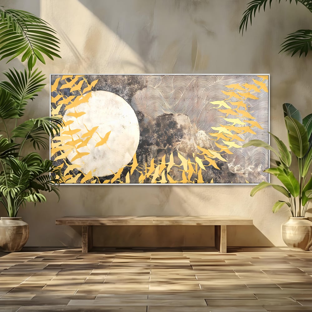 Tablou Canvas Premium LuxCanva® B1087, Marea migratie , Living, Pasari, Auriu, Corp Ceresc, Calatorie, Dormitor, Auriu