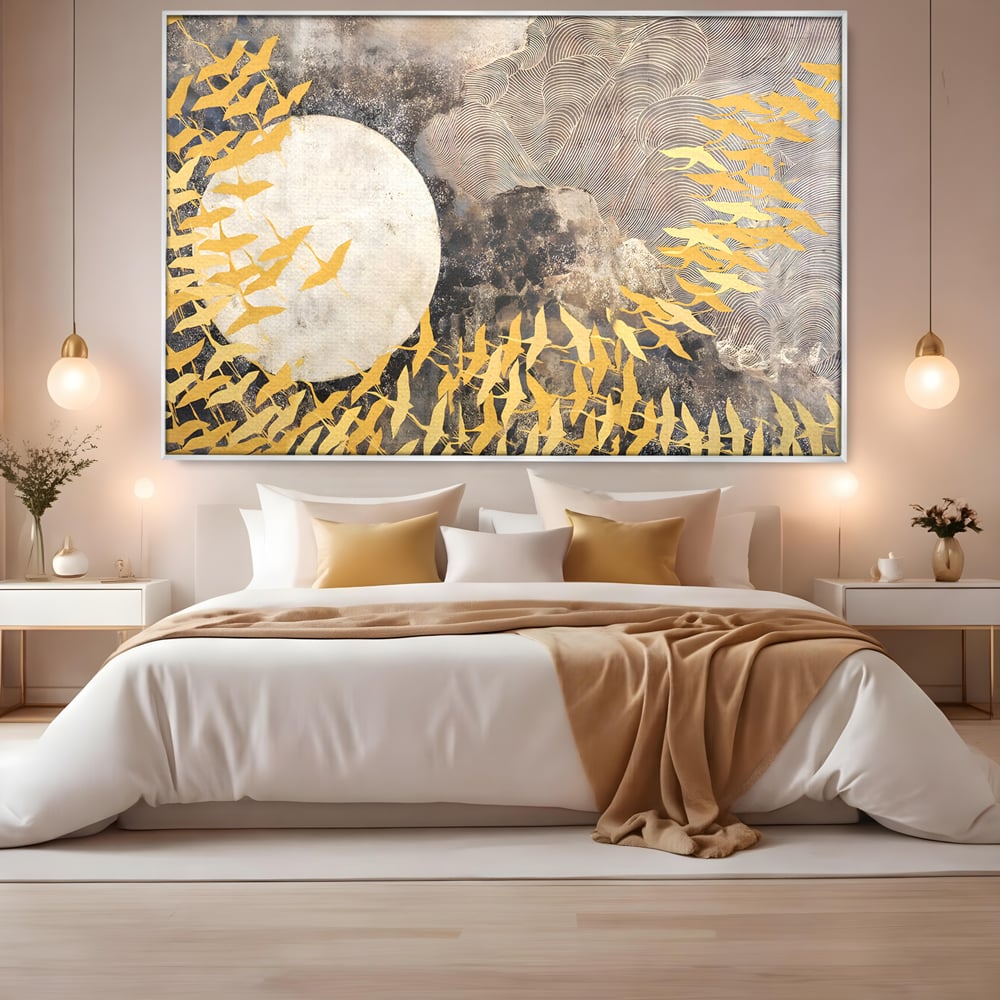 Tablou Canvas Premium LuxCanva® B1087, Marea migratie , Living, Pasari, Auriu, Corp Ceresc, Calatorie, Dormitor, Auriu