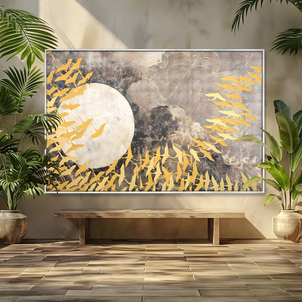 Tablou Canvas Premium LuxCanva® B1087, Marea migratie , Living, Pasari, Auriu, Corp Ceresc, Calatorie, Dormitor, Auriu