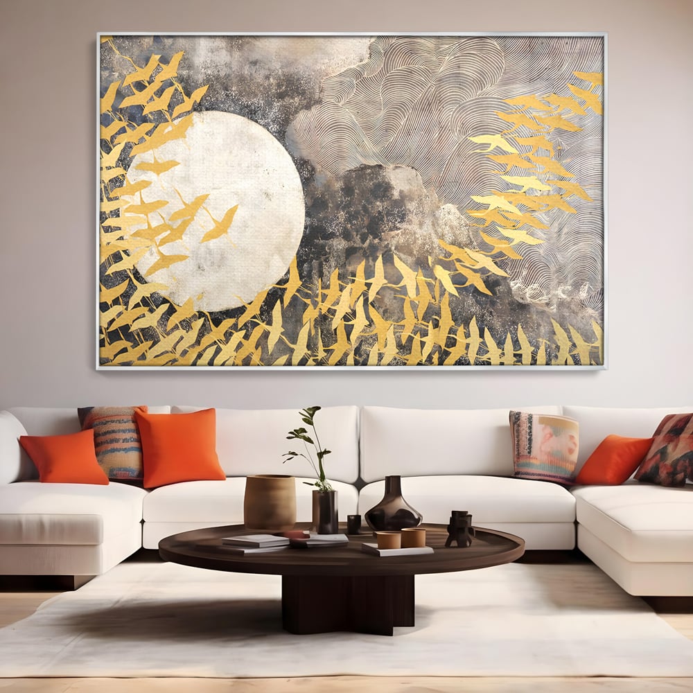 Tablou Canvas Premium LuxCanva® B1087, Marea migratie , Living, Pasari, Auriu, Corp Ceresc, Calatorie, Dormitor, Auriu
