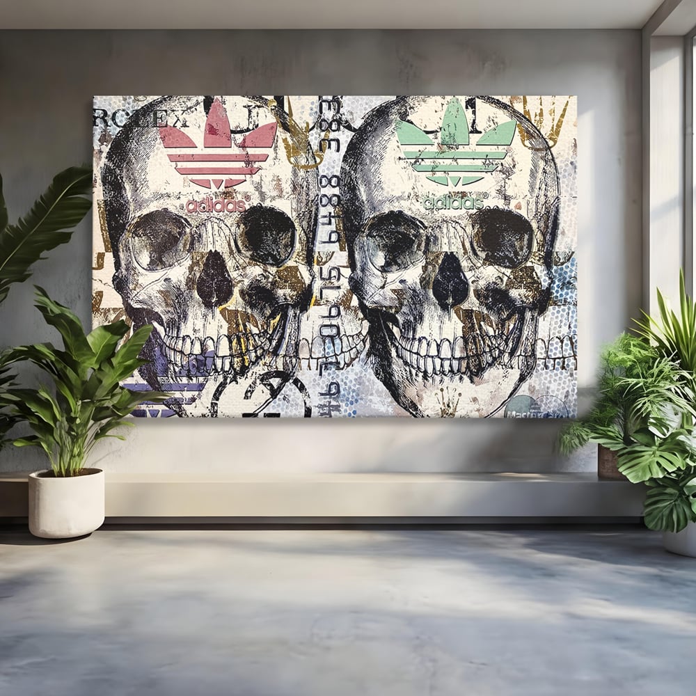 Tablou Canvas Premium, LuxCanva® B1088, Cranii Adidas, Birou, Rolex, Card Bancar, MasterCard, Adidas, Gucci, Culori Vibrante