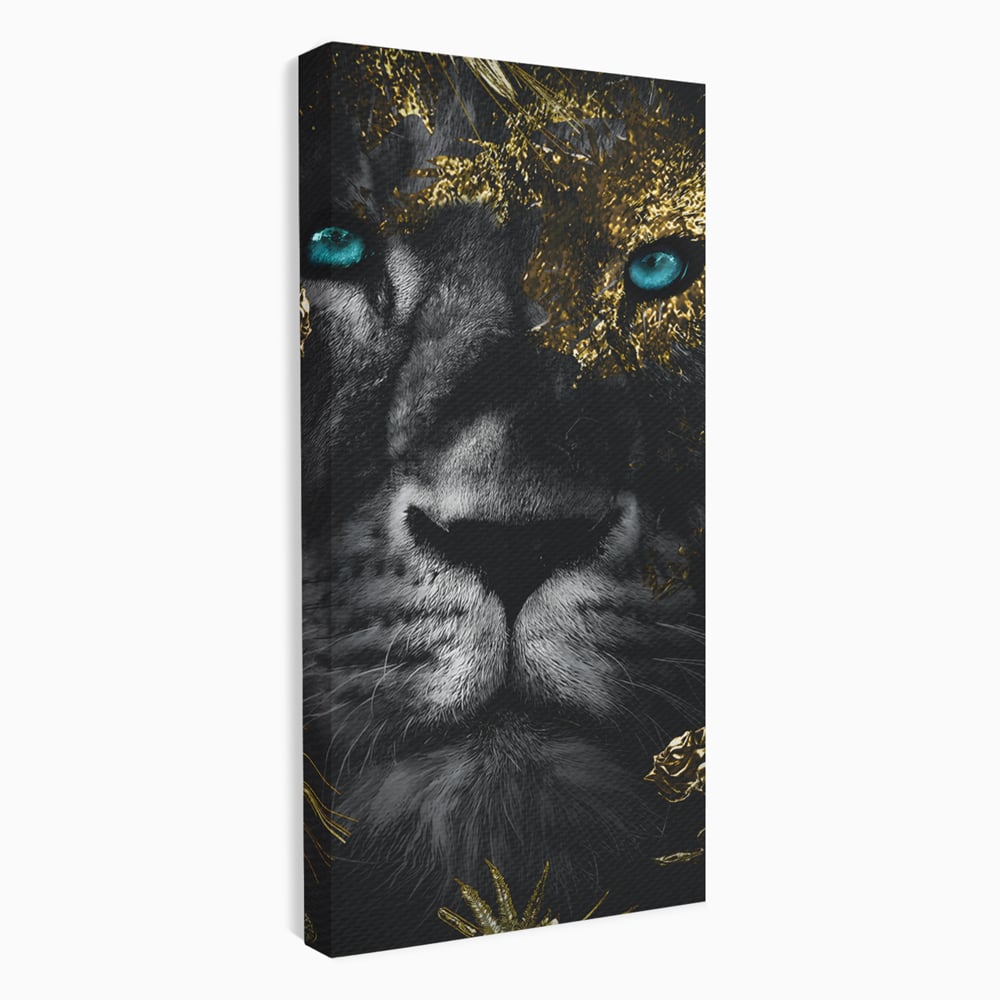 Tablou Canvas Premium LuxCanva® B1089, Frumusetea Leului Cu Ochi Albastrii , Birou, Leu, Rege, Savana, Living, Albastru, Negru, Auriu