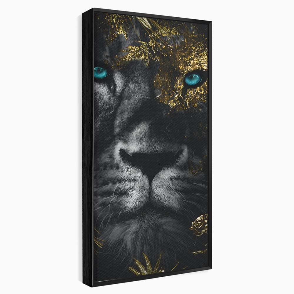 Tablou Canvas Premium LuxCanva® B1089, Frumusetea Leului Cu Ochi Albastrii , Birou, Leu, Rege, Savana, Living, Albastru, Negru, Auriu