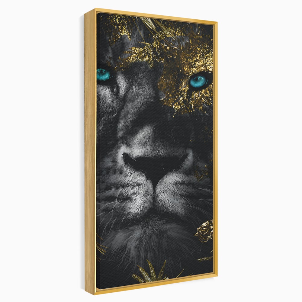 Tablou Canvas Premium LuxCanva® B1089, Frumusetea Leului Cu Ochi Albastrii , Birou, Leu, Rege, Savana, Living, Albastru, Negru, Auriu