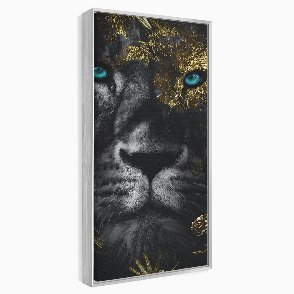 Tablou Canvas Premium LuxCanva® B1089, Frumusetea Leului Cu Ochi Albastrii , Birou, Leu, Rege, Savana, Living, Albastru, Negru, Auriu