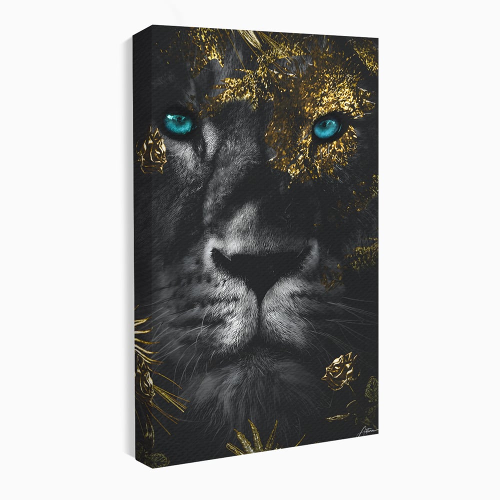 Tablou Canvas Premium LuxCanva® B1089, Frumusetea Leului Cu Ochi Albastrii , Birou, Leu, Rege, Savana, Living, Albastru, Negru, Auriu