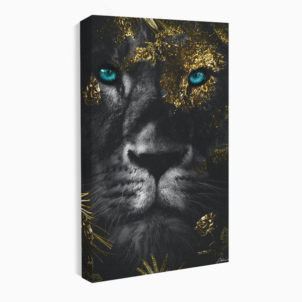 Tablou Canvas Premium LuxCanva® B1089, Frumusetea Leului Cu Ochi Albastrii , Birou, Leu, Rege, Savana, Living, Albastru, Negru, Auriu