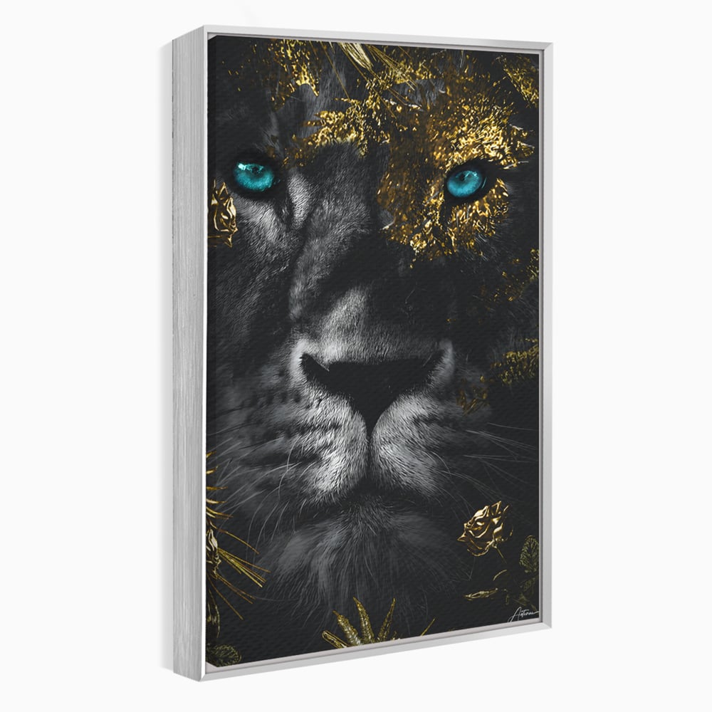 Tablou Canvas Premium LuxCanva® B1089, Frumusetea Leului Cu Ochi Albastrii , Birou, Leu, Rege, Savana, Living, Albastru, Negru, Auriu