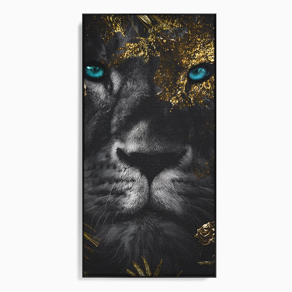 Tablou Canvas Premium LuxCanva® B1089, Frumusetea Leului Cu Ochi Albastrii , Birou, Leu, Rege, Savana, Living, Albastru, Negru, Auriu