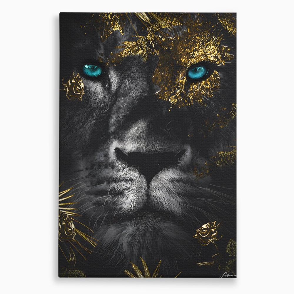 Tablou Canvas Premium LuxCanva® B1089, Frumusetea Leului Cu Ochi Albastrii , Birou, Leu, Rege, Savana, Living, Albastru, Negru, Auriu