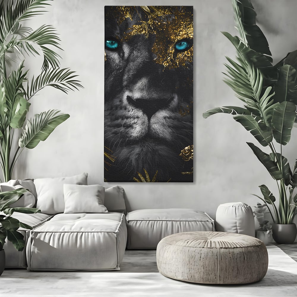 Tablou Canvas Premium LuxCanva® B1089, Frumusetea Leului Cu Ochi Albastrii , Birou, Leu, Rege, Savana, Living, Albastru, Negru, Auriu
