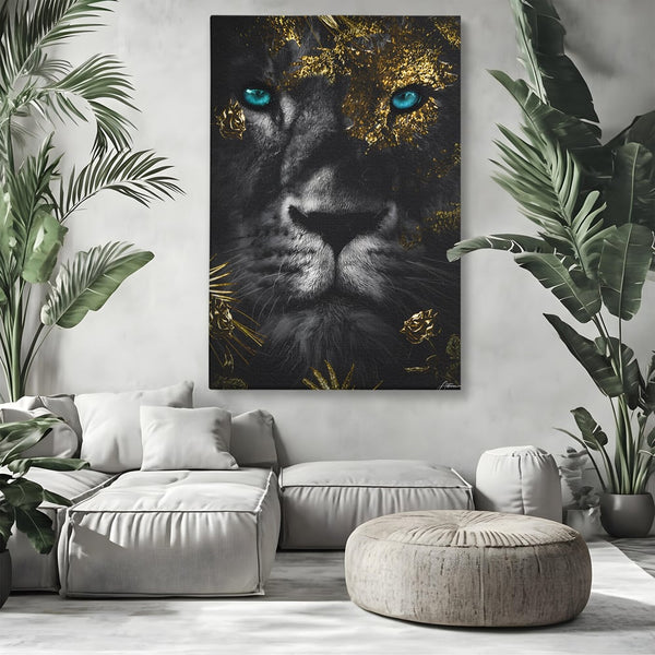 Tablou Canvas Premium LuxCanva® B1089, Frumusetea Leului Cu Ochi Albastrii , Birou, Leu, Rege, Savana, Living, Albastru, Negru, Auriu