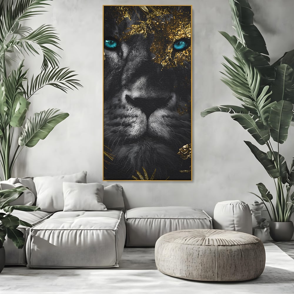 Tablou Canvas Premium LuxCanva® B1089, Frumusetea Leului Cu Ochi Albastrii , Birou, Leu, Rege, Savana, Living, Albastru, Negru, Auriu
