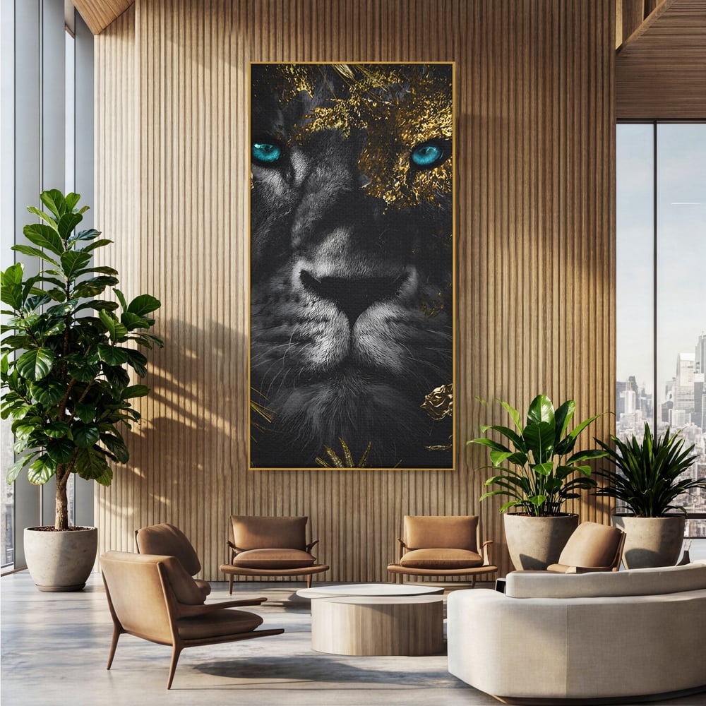 Tablou Canvas Premium LuxCanva® B1089, Frumusetea Leului Cu Ochi Albastrii , Birou, Leu, Rege, Savana, Living, Albastru, Negru, Auriu