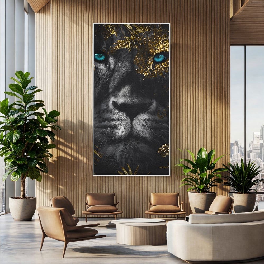 Tablou Canvas Premium LuxCanva® B1089, Frumusetea Leului Cu Ochi Albastrii , Birou, Leu, Rege, Savana, Living, Albastru, Negru, Auriu