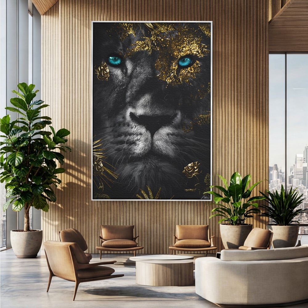 Tablou Canvas Premium LuxCanva® B1089, Frumusetea Leului Cu Ochi Albastrii , Birou, Leu, Rege, Savana, Living, Albastru, Negru, Auriu