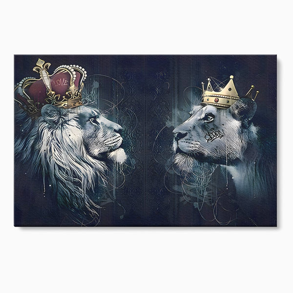 Tablou Canvas Premium LuxCanva® B1091, Leu Si Leoaica , Living, Familie, Portret, Leu, Leoaica, Dormitor, Safari, Coroana, Negru Si Auriu