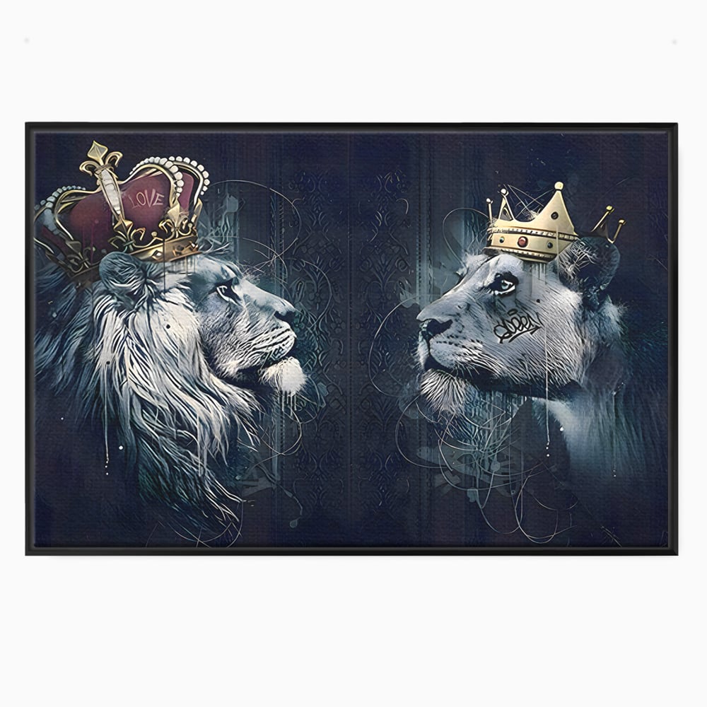 Tablou Canvas Premium LuxCanva® B1091, Leu Si Leoaica , Living, Familie, Portret, Leu, Leoaica, Dormitor, Safari, Coroana, Negru Si Auriu
