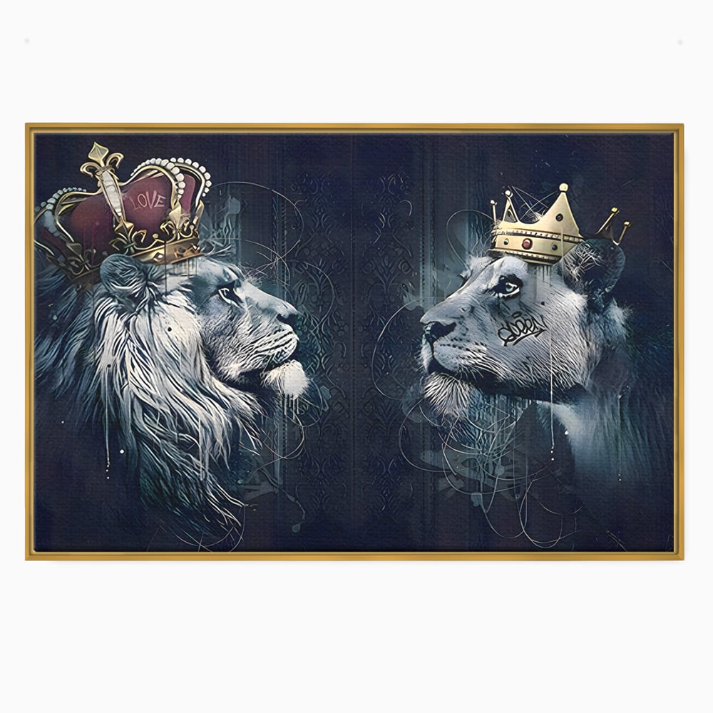 Tablou Canvas Premium LuxCanva® B1091, Leu Si Leoaica , Living, Familie, Portret, Leu, Leoaica, Dormitor, Safari, Coroana, Negru Si Auriu