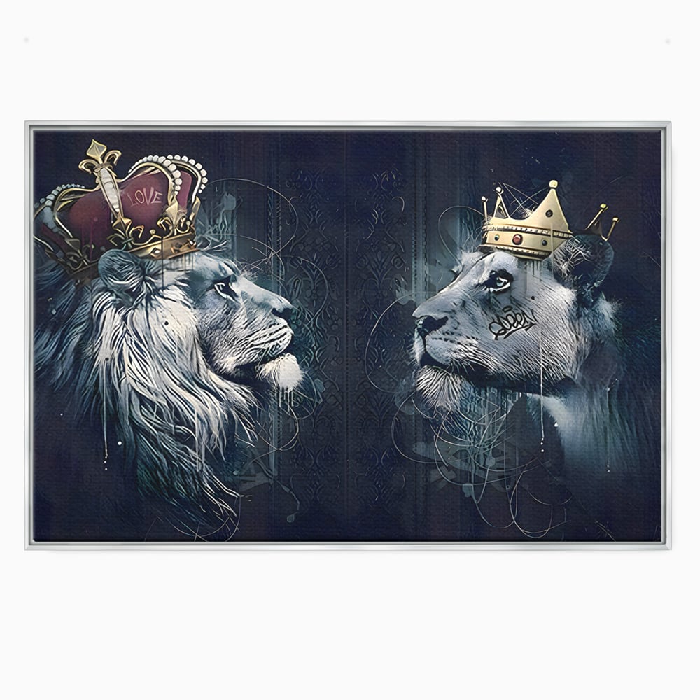 Tablou Canvas Premium LuxCanva® B1091, Leu Si Leoaica , Living, Familie, Portret, Leu, Leoaica, Dormitor, Safari, Coroana, Negru Si Auriu