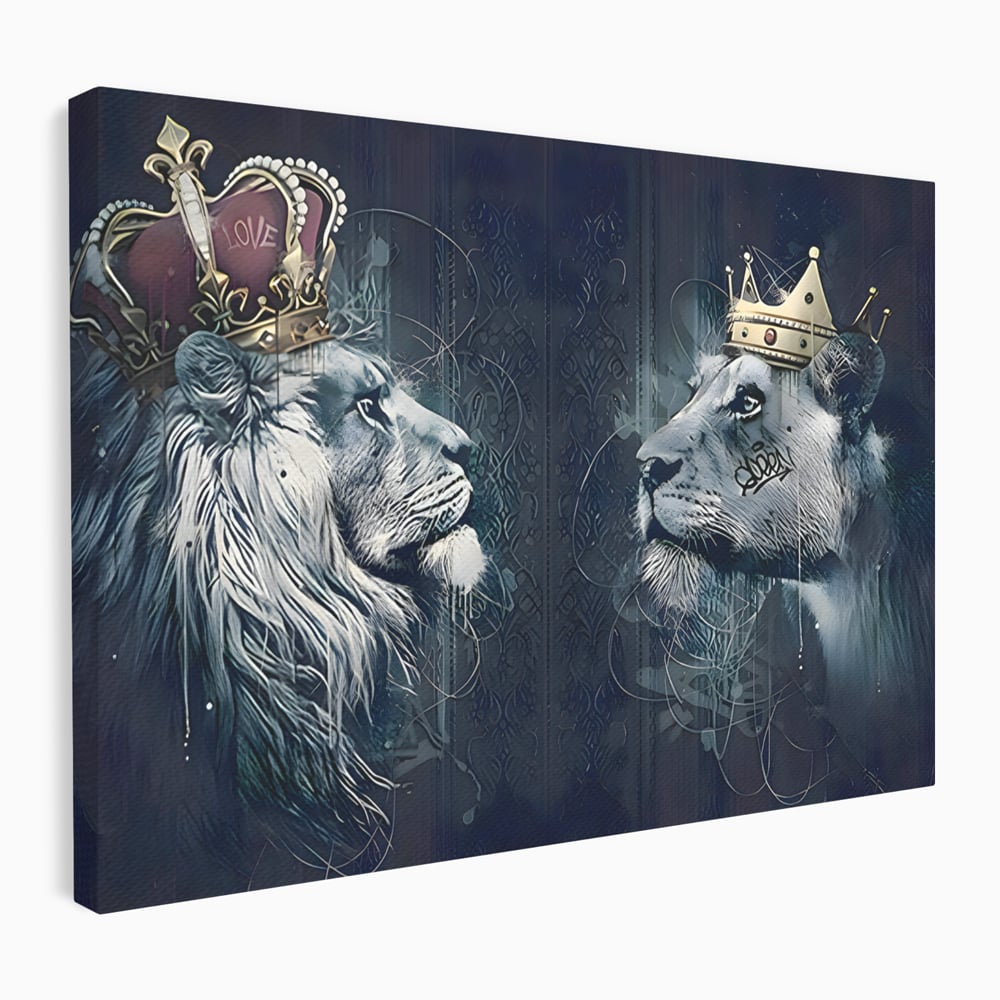 Tablou Canvas Premium LuxCanva® B1091, Leu Si Leoaica , Living, Familie, Portret, Leu, Leoaica, Dormitor, Safari, Coroana, Negru Si Auriu
