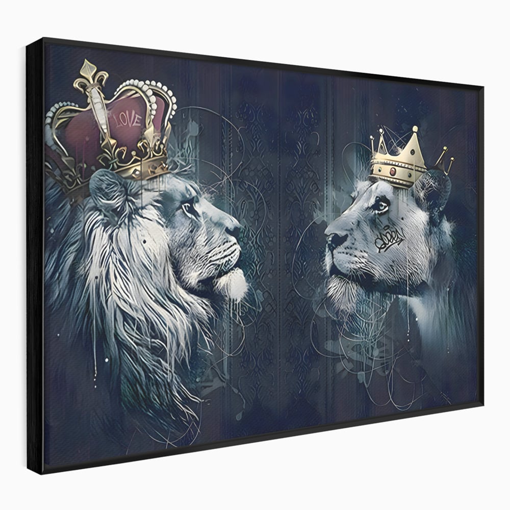 Tablou Canvas Premium LuxCanva® B1091, Leu Si Leoaica , Living, Familie, Portret, Leu, Leoaica, Dormitor, Safari, Coroana, Negru Si Auriu