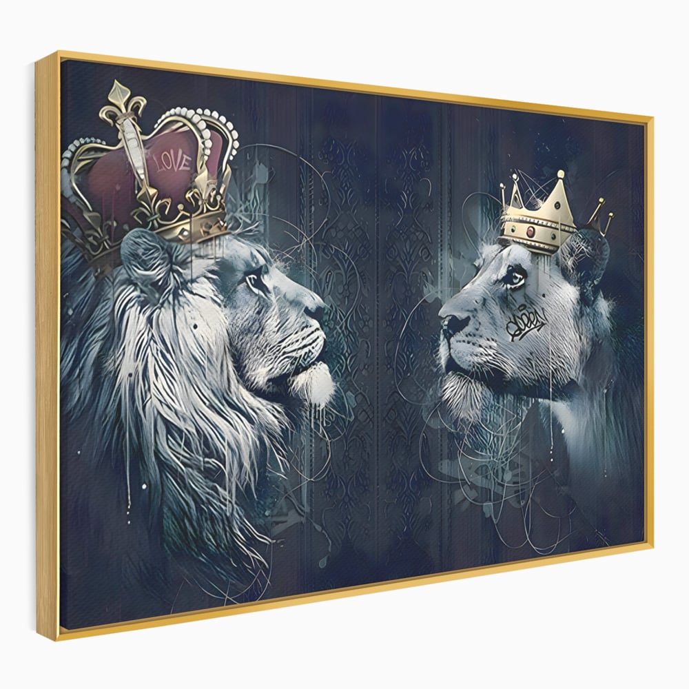 Tablou Canvas Premium LuxCanva® B1091, Leu Si Leoaica , Living, Familie, Portret, Leu, Leoaica, Dormitor, Safari, Coroana, Negru Si Auriu