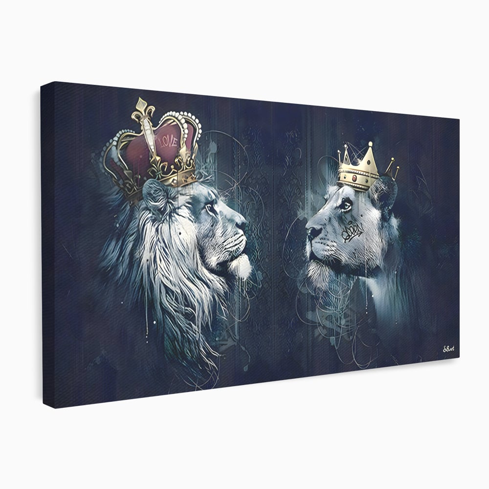 Tablou Canvas Premium LuxCanva® B1091, Leu Si Leoaica , Living, Familie, Portret, Leu, Leoaica, Dormitor, Safari, Coroana, Negru Si Auriu
