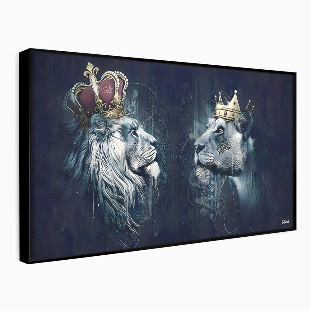 Tablou Canvas Premium LuxCanva® B1091, Leu Si Leoaica , Living, Familie, Portret, Leu, Leoaica, Dormitor, Safari, Coroana, Negru Si Auriu